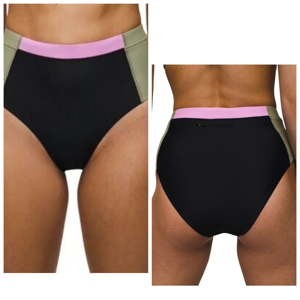 prAna Baja Bound Bikini Bottom Womens M Black Color Block NEW High Waist Pocket